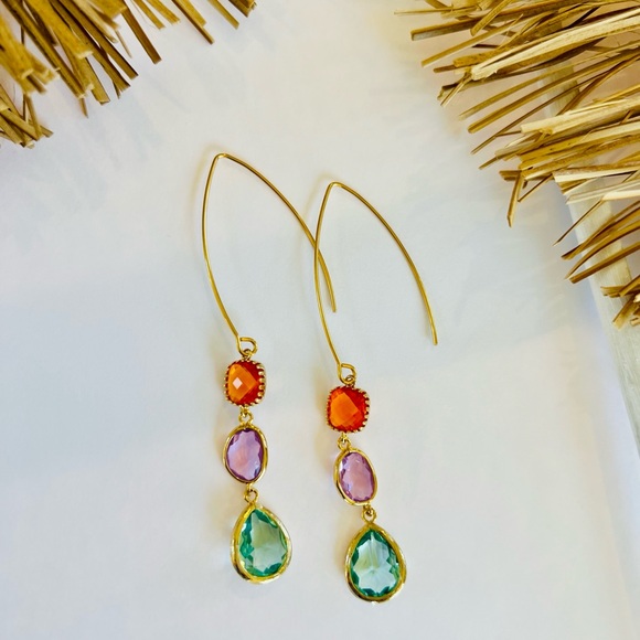 SOLD HANDMADE Rose Quartz, Erinite, and Topaz Orange 3 Stone Dangle Earrings - Picture 2 of 3